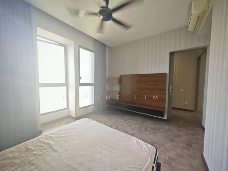 Bedroom features: floor-to-ceiling windows, grey accent wall, wooden headboard, ceiling fan, air conditioning unit, laminate flooring, built-in wardrobe, neutral color scheme; style: modern.