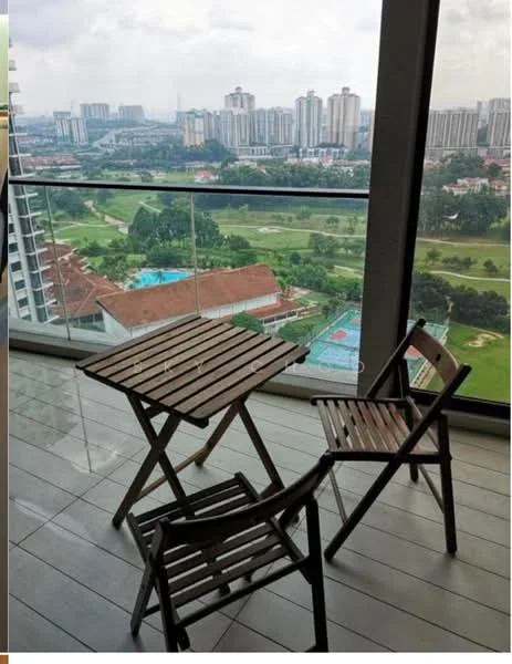 Balcony features: glass railing, wooden folding table, two wooden folding chairs, tile flooring, city skyline view, view of golf course, view of swimming pool, overcast sky; style: modern; view: city.