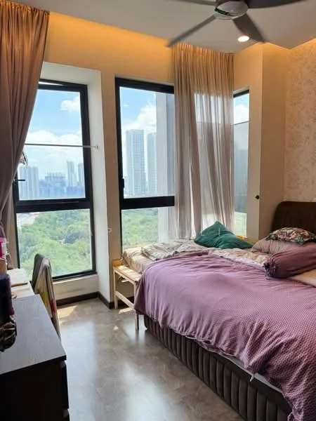 Bedroom features: king-size bed with purple bedding, upholstered headboard, floor-to-ceiling windows, sheer curtains, wooden flooring, ceiling fan, decorative pillows, nightstand, wall with floral wallpaper, dressing table, view of city skyline; style: modern; view: city.