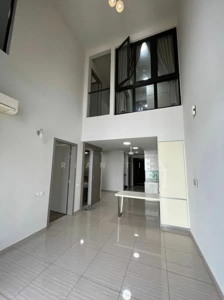 Living features: high ceiling, large floor-to-ceiling windows, grey tiled flooring, white painted walls, air conditioning unit on wall, recessed ceiling lights, open layout, dining table area, balcony access, light fixtures; style: modern. Kitchen features: white cabinetry, countertop, built-in appliances, open layout to living area; style: modern.