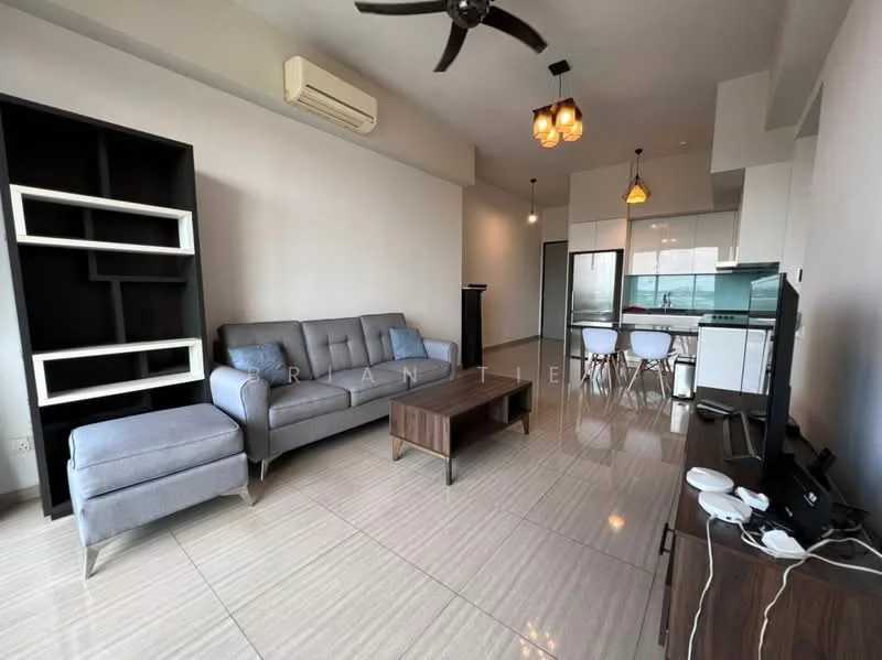 Living features: grey fabric sofa, single armchair, wood coffee table, TV console, wall-mounted TV, ceiling fan, recessed downlights, large windows with city view, light-colored tiled flooring, air conditioning unit; style: modern; view: city. Dining features: 4-seater dining table, white dining chairs, open kitchen layout, kitchen island, glass sliding door, kitchen cabinetry; style: modern; view: city.