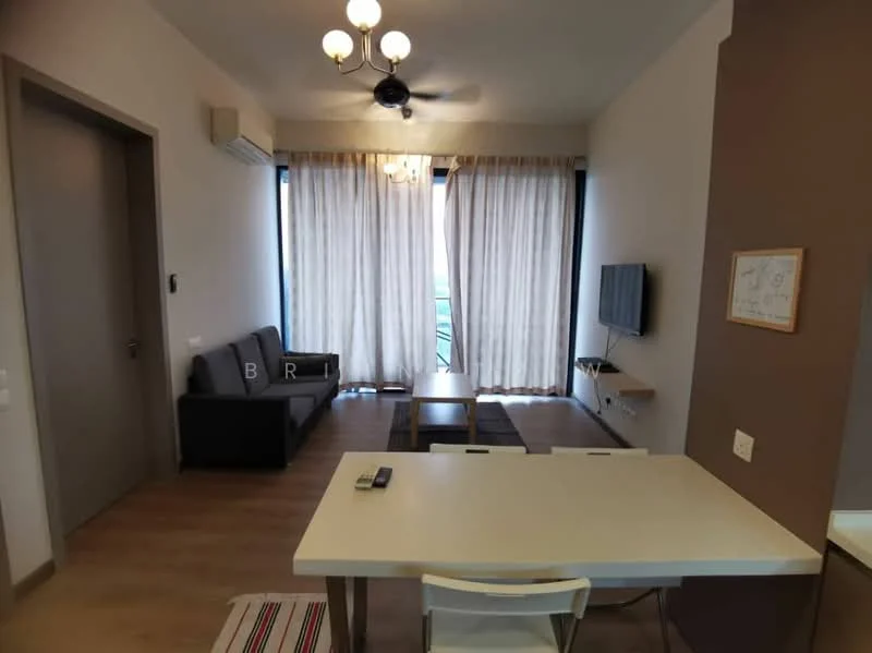 Living features: 3-seater fabric sofa in grey, coffee table, wall-mounted TV, TV console, area rug, floor-to-ceiling windows, sheer curtains, ceiling fan, recessed downlights, wooden flooring; style: modern; view: city. Dining features: 4-seater dining table, white chairs; style: modern.