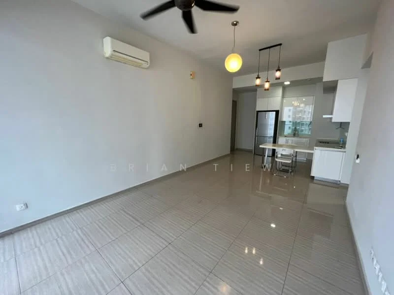 Living features: light grey painted walls, glossy ceramic tile flooring, 5-blade ceiling fan with light, pendant lighting, recessed downlights, floor-to-ceiling windows, open layout, air conditioning unit, kitchen area with white cabinetry, stainless-steel fridge; style: modern.