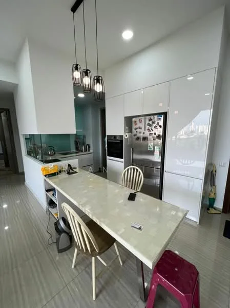 Kitchen features: white cabinetry, marble countertop, stainless-steel fridge, built-in oven, ceramic tile flooring, pendant lighting, open shelving, kitchen island with seating, glass backsplash, microwave, kettle, toaster; style: modern.