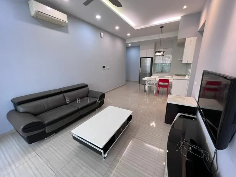 Living features: black leather 3-seater sofa, white coffee table, wall-mounted TV, TV console, recessed LED downlights, ceiling fan, grey painted walls, glossy grey tile flooring, air conditioning unit, open layout to kitchen, sliding glass door to balcony, decorative wall panel; style: modern. Kitchen features: white cabinetry, stainless-steel fridge, built-in oven, 4-burner gas hob, kitchen island with seating, pendant lighting, glass backsplash, grey tile flooring; style: modern.
