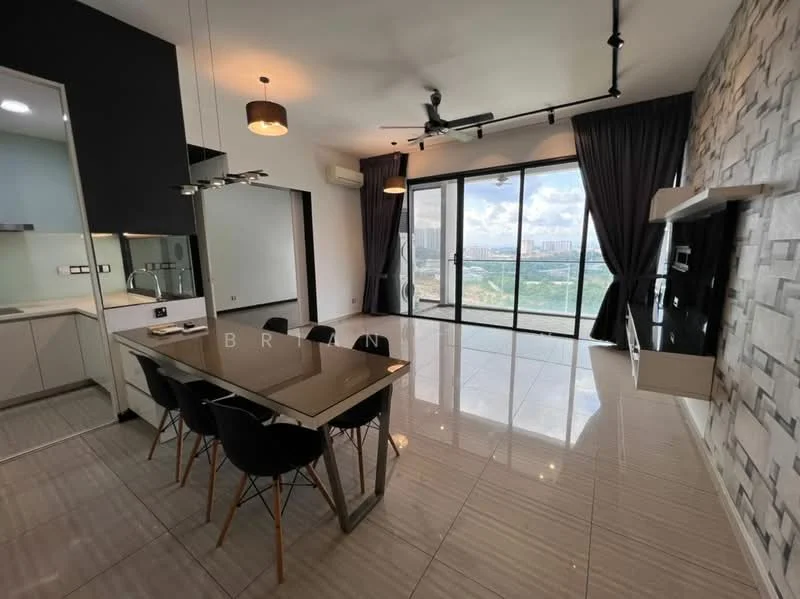 Dining features: 6-seater dining table, black dining chairs, pendant lighting, floor-to-ceiling windows, city view, grey tiled flooring, wall-mounted TV, decorative stone wall, air conditioning unit, curtains; style: modern; view: city. Living features: sofa area, wall-mounted TV, decorative stone wall, floor-to-ceiling windows, grey tiled flooring, air conditioning unit, curtains; style: modern; view: city.