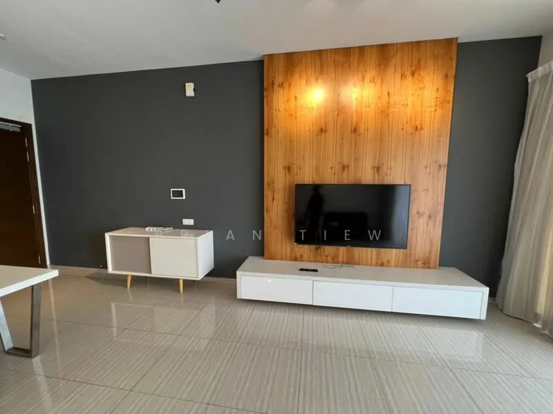 Living features: grey accent wall, wood feature wall, wall-mounted TV, white TV console, light-colored flooring, floor-to-ceiling windows, sheer curtains, recessed lighting; style: modern.