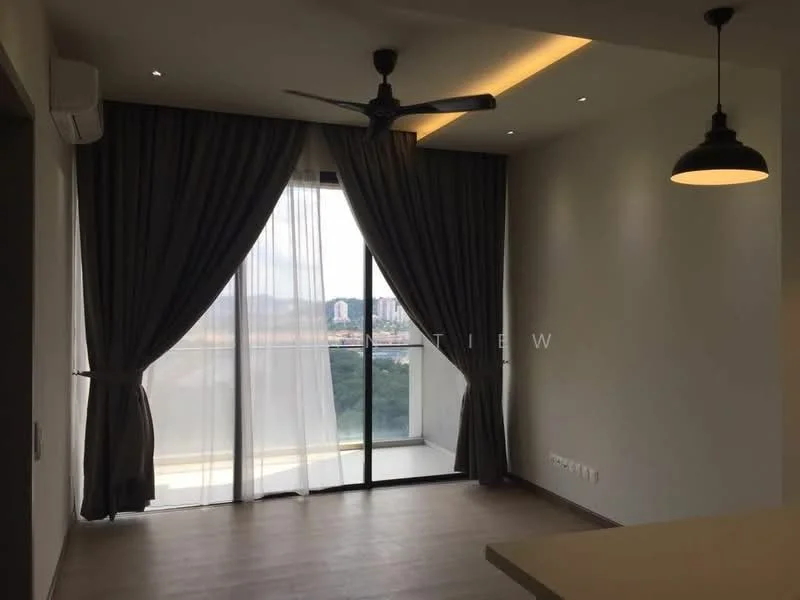 Living features: floor-to-ceiling sliding glass door, grey curtains, 5-blade ceiling fan, recessed downlights, light fixture with black pendant, laminate flooring, neutral painted walls, city view from window; style: modern; view: city.