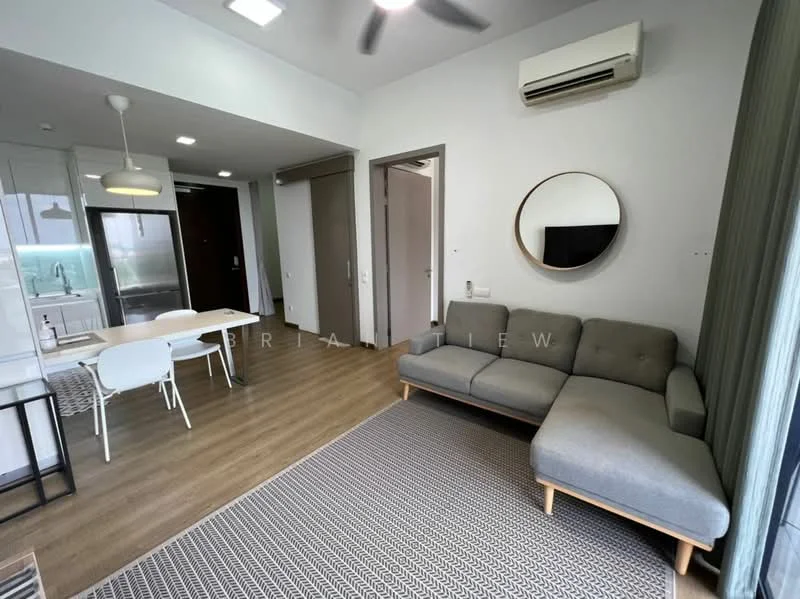 Living features: 3-seater fabric sofa in grey, round coffee table, area rug with geometric pattern, wall-mounted TV, ceiling fan, recessed downlights, floor-to-ceiling windows with sheer curtains, wooden flooring, decorative mirror; style: modern. Dining features: 6-seater dining table, white dining chairs, pendant lamp, open shelving, kitchenette with countertop, stainless-steel fridge; style: modern.