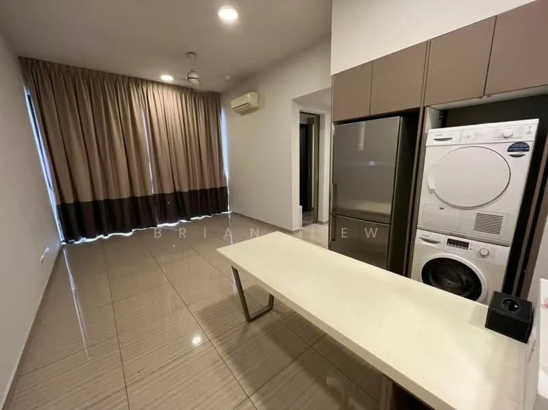 Kitchen features: white walls, glossy tile flooring, recessed downlights, single-bowl stainless-steel sink, chrome pull-down faucet, built-in refrigerator, stacked washer and dryer, kitchen island with countertop, curtains in beige and brown, wall-mounted split AC; style: modern.