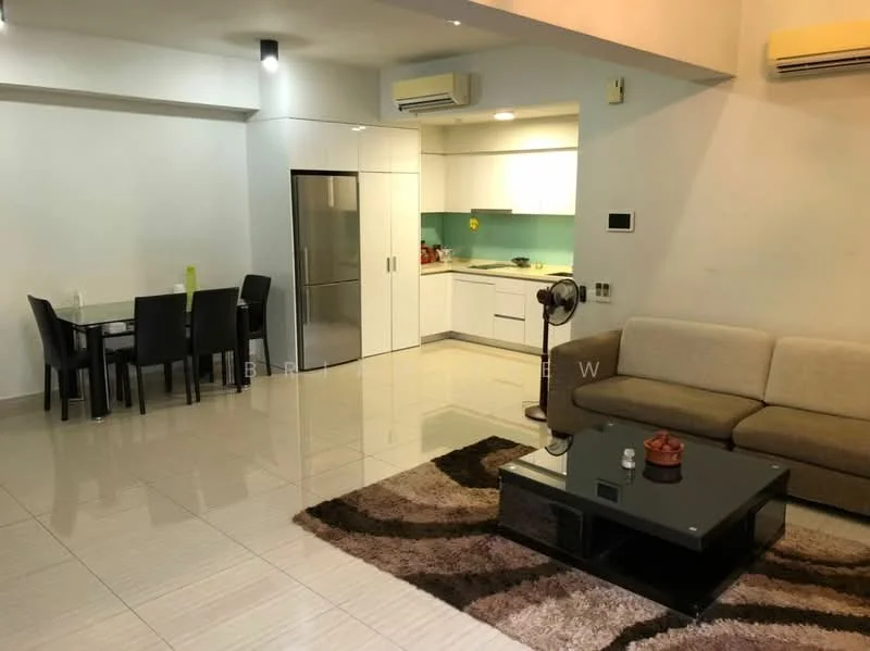 Living features: cream painted walls, glossy tile flooring, 5-blade ceiling fan with light, sofa in beige fabric, coffee table in black, area rug with geometric pattern, wall-mounted TV, decorative bowl on coffee table; style: modern. Dining features: 4-seater dining table, black dining chairs, glossy tile flooring; style: modern. Kitchen features: white cabinetry, stainless-steel fridge, built-in oven, ceramic cooktop, white backsplash, countertop with integrated sink, under-cabinet lighting; style: modern.