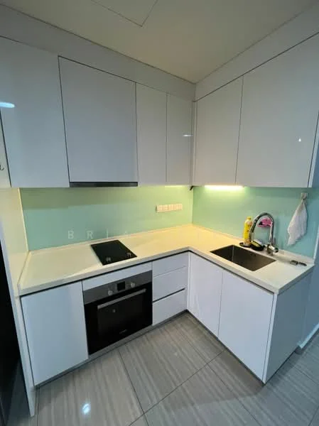Kitchen features: white flat-panel cabinets, light green backsplash, white countertop, built-in oven, electric cooktop, single-bowl stainless-steel sink, chrome pull-down faucet, under-cabinet lighting, grey ceramic tile flooring; style: modern.
