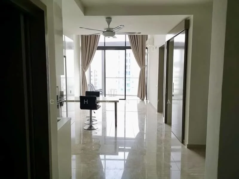 Living features: marble tile flooring, white painted walls, 5-blade ceiling fan with light, floor-to-ceiling windows, sheer curtains, dining table with chairs, open layout, natural light, neutral color scheme; style: modern; view: city.