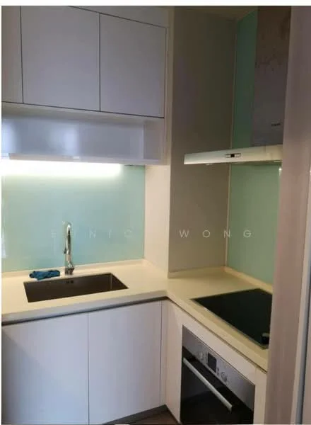 Kitchen features: single-bowl stainless-steel sink, chrome pull-down faucet, quartz countertop, white shaker cabinets, built-in oven, induction hob, glass backsplash, recessed LED downlights; style: modern.