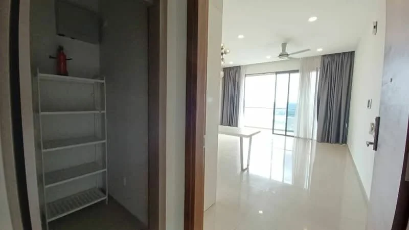 Room features: white walls, glossy tile flooring, recessed downlights, 5-blade ceiling fan, floor-to-ceiling windows, curtains, open shelving unit, doorway, view of outdoor space; style: modern; view: city.