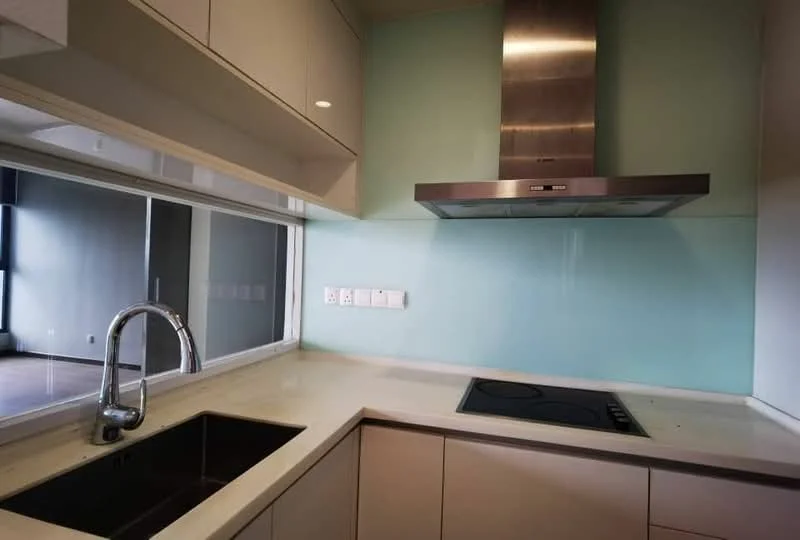 Kitchen features: single-bowl stainless-steel sink, chrome pull-down faucet, stainless-steel range hood, induction cooktop, light-colored cabinetry, white countertop, glass backsplash, wall-mounted electrical outlets; style: modern.