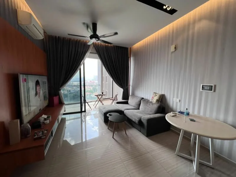 Living features: grey fabric sofa, round black coffee table, wall-mounted TV, wooden TV console, floor-to-ceiling windows, sliding glass door, sheer curtains, 5-blade ceiling fan, recessed downlights, decorative wall paneling, light-colored tile flooring, small dining table, outdoor balcony view; style: modern; view: city.