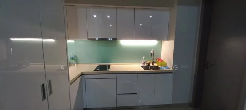 Kitchen features: white flat-panel cabinets, light-colored countertop, glass backsplash in light green, built-in induction cooktop, single-bowl stainless-steel sink, chrome pull-down faucet, under-cabinet lighting, water bottle on countertop, small dish soap bottle, colorful dish rack; style: modern.