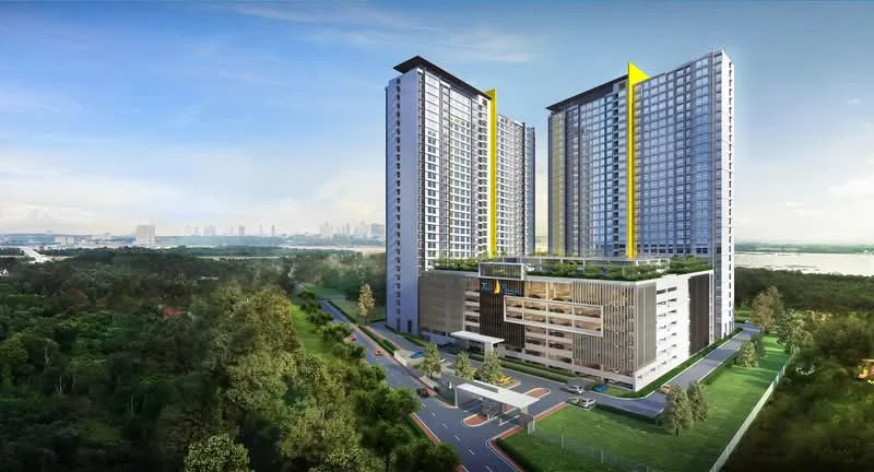 Exterior type: high-rise condominium; features: two tall residential towers, glass curtain wall facade, green rooftop garden, landscaped grounds, multi-storey car park, main entrance with security gate, surrounded by greenery, urban skyline in background; style: modern.