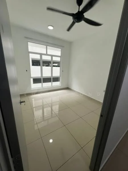 Room features: white painted walls, glossy ceramic tile flooring, 5-blade ceiling fan, large windows with multiple panes, natural light from windows, neutral color scheme, no visible furniture, smooth ceiling, light fixture in ceiling; style: modern; view: courtyard.