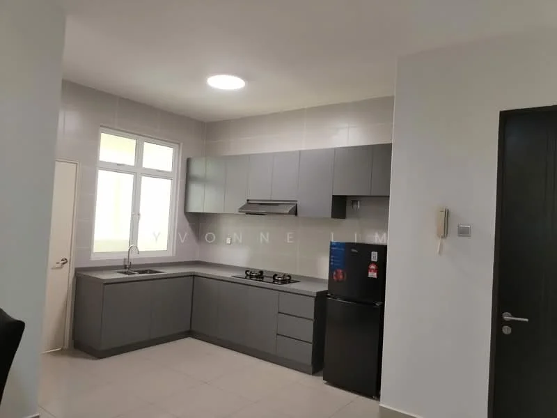 Kitchen features: grey cabinetry, stainless-steel sink, chrome pull-down faucet, 2-burner gas hob, built-in range hood, black refrigerator, wall-mounted cabinets, light-colored wall tiles, neutral tile flooring, window above sink, recessed ceiling light; style: modern.