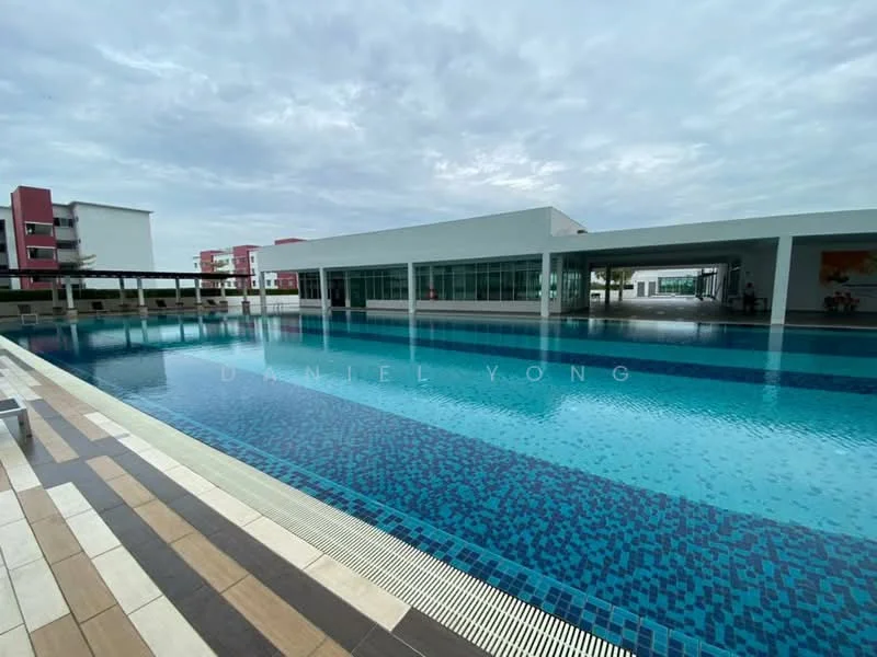 Exterior type: swimming pool deck; features: infinity pool, pool deck with loungers, surrounding landscaped area, modern architectural design, glass facade on building, tiled pool surface with mosaic pattern, covered seating area, paved walkway around pool; style: modern.