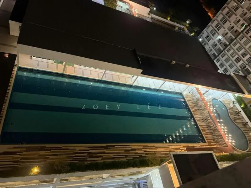 Exterior type: high-rise condominium; features: infinity pool, lap pool, pool deck with loungers, landscaped garden area, outdoor lighting, surrounding high-rise buildings; style: modern.
