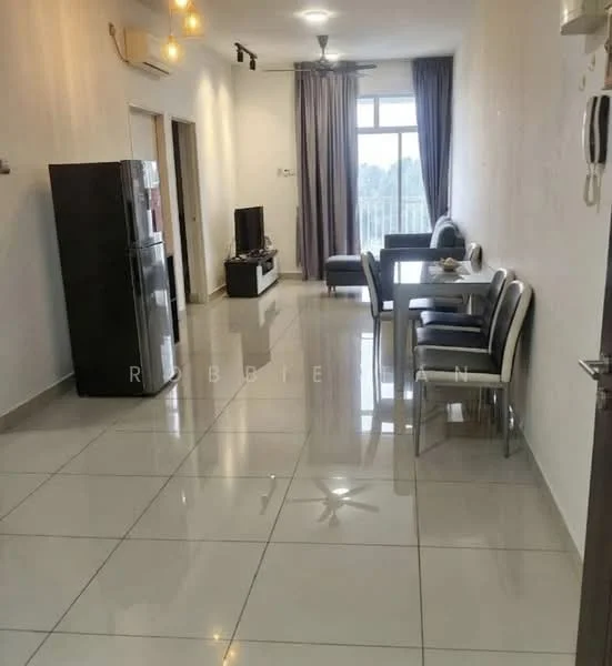 Living features: grey fabric sofa, coffee table, wall-mounted TV, dining table with 6 chairs, floor-to-ceiling window, curtains, recessed downlights, 5-blade ceiling fan, polished ceramic tile flooring, air conditioning unit, fridge, light-colored painted walls; style: modern; view: garden.