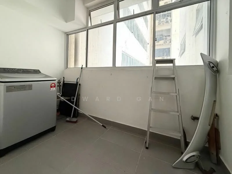 Laundry features: front-load washing machine, grey tiled flooring, floor-to-ceiling windows, white painted walls, metal ladder, cleaning broom, vacuum cleaner, wall-mounted shelf.