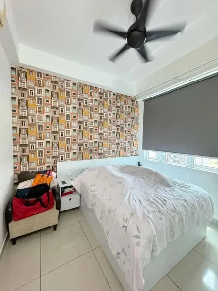 Bedroom features: queen-size bed with white bedding, decorative wall with patterned wallpaper, white painted walls, sliding window with blackout roller blinds, ceiling fan with 3 blades, glossy tile flooring, nightstand with drawer, armchair, luggage bag; style: modern.