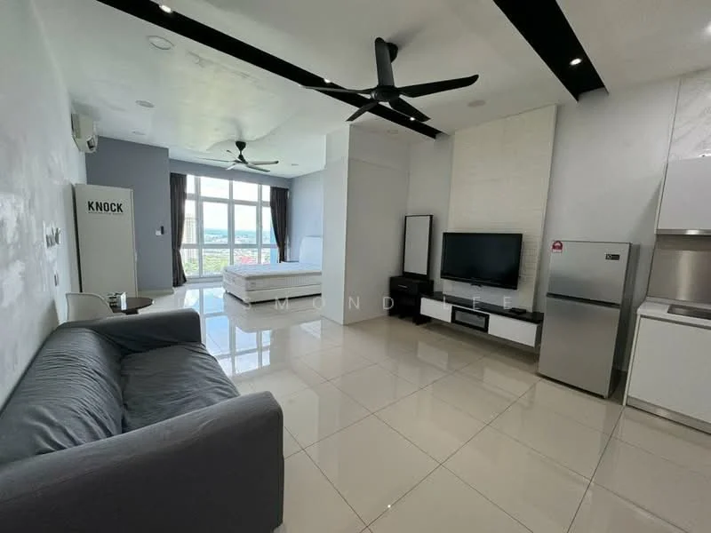 Living features: grey fabric sofa, wall-mounted TV, white TV console, stainless-steel fridge, white kitchen cabinetry, kitchen countertop, large windows with city view, recessed downlights, ceiling fan with light, white painted walls, glossy tile flooring; style: modern; view: city.