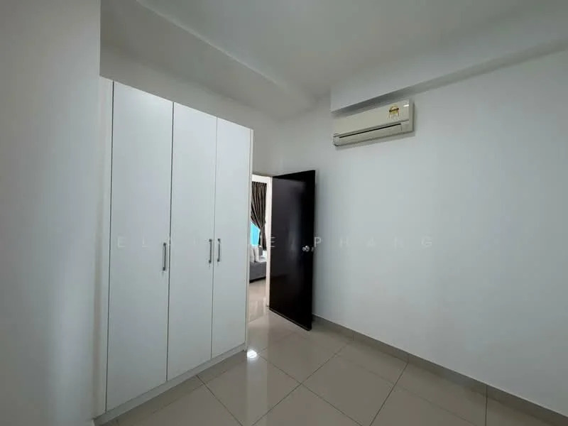 Room features: white painted walls, glossy tile flooring, built-in wardrobe with white doors, 1 wall-mounted split AC, door leading to another room.
