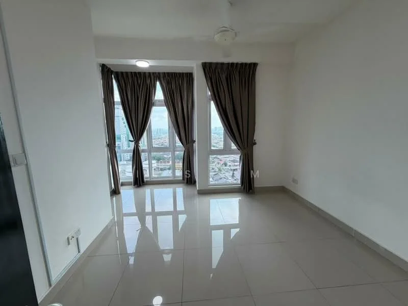 Living features: white painted walls, glossy ceramic tile flooring, 5-blade ceiling fan, floor-to-ceiling windows, sheer curtains, dark brown curtains, city view, natural light; style: modern; view: city.