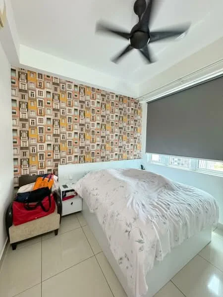 Bedroom features: queen-size bed with white bedding, decorative wall with patterned wallpaper, plain white walls, tile flooring, ceiling fan, roller blinds on window, nightstand with drawer, armchair, luggage bags; style: modern.