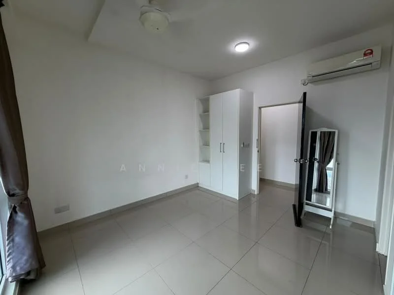 Bedroom features: white painted walls, grey tiled flooring, ceiling fan, 1 wall-mounted split AC, built-in wardrobe with shelves, full-length mirror, door leading to hallway, curtains on window; style: modern.