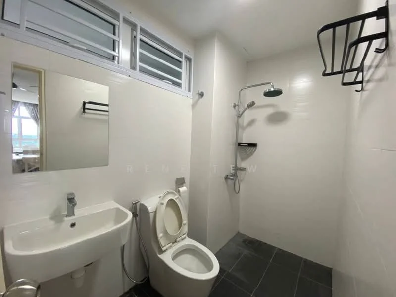 Bathroom features: white tiled walls, black tile flooring, single-sink vanity with chrome faucet, one-piece toilet, handheld shower, rain shower head, shower wall with glass shelf, mirror above sink, window for natural light, towel rack; style: modern.
