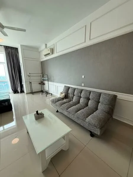 Living features: grey fabric sofa, white coffee table, polished tile flooring, white painted walls, grey accent wall, floor-to-ceiling windows, curtains, wall-mounted air conditioning unit, decorative wall paneling, light fixture on ceiling, open space layout; style: modern; view: city.