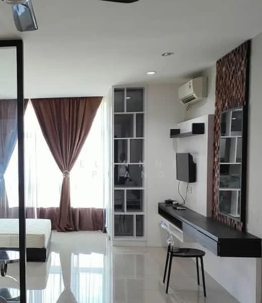 Room features: floor-to-ceiling windows, brown curtains, white walls, polished tile flooring, wall-mounted TV, black desk with drawer, black chair, air conditioning unit, built-in shelving unit, decorative wood paneling; style: modern; view: city.