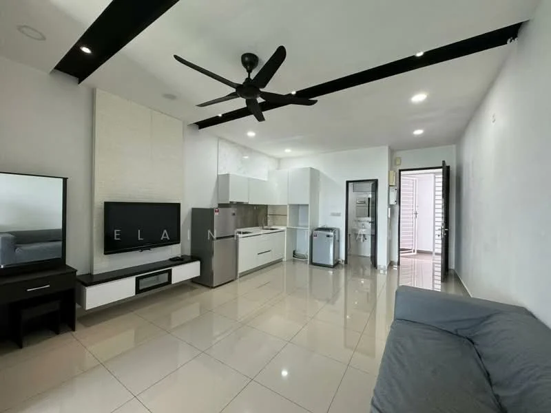 Living features: grey fabric sofa, flat-screen TV on console, black TV console, white cabinetry, stainless-steel fridge, built-in oven, ceramic tile flooring, recessed downlights, 5-blade ceiling fan, open layout, white walls, sliding door to exterior; style: modern.