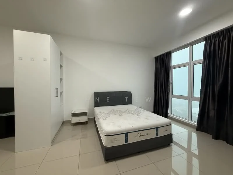 Bedroom features: queen-size bed, upholstered headboard, white painted walls, floor-to-ceiling windows, blackout curtains, tile flooring, built-in wardrobe, nightstand, TV console; style: modern.