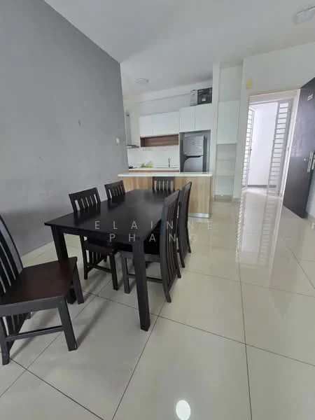 Dining features: black dining table, 6 dining chairs, glossy tile flooring, grey painted walls, open layout to kitchen, refrigerator, kitchen cabinetry, natural light from adjacent room; style: modern.