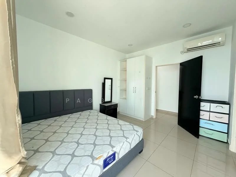 Bedroom features: queen-size bed, upholstered headboard, white painted walls, tile flooring, 1 wall-mounted split AC, built-in wardrobe with white doors, black bedside table, full-length mirror, multi-drawer storage unit in pastel colors; style: modern.