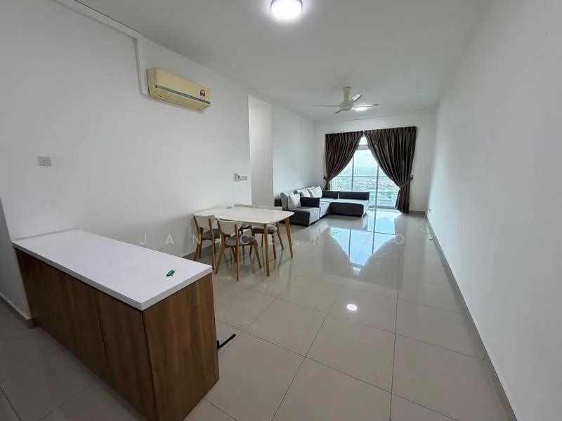 Living features: white painted walls, glossy ceramic tile flooring, 5-blade ceiling fan with light, wall-mounted split AC, sofa in dark grey fabric, coffee table, dining table with 4 chairs, floor-to-ceiling windows, curtains in dark brown, neutral color decor; style: modern; view: city.