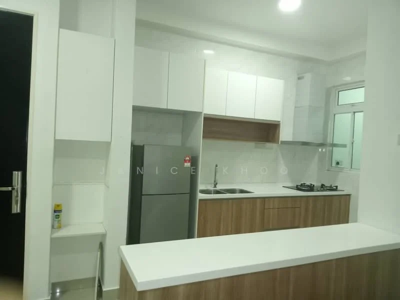 Kitchen features: white cabinetry with flat-panel doors, wooden lower cabinets, white countertop, stainless-steel single-bowl sink, chrome pull-down faucet, built-in gas hob, stainless-steel refrigerator, white tiled backsplash, window for natural light, open shelving, wall-mounted cabinets, light fixture in ceiling; style: modern.