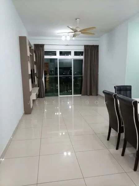 Living features: white painted walls, glossy ceramic tile flooring, 5-blade ceiling fan with light, floor-to-ceiling windows, curtains in brown, built-in shelving unit, dining table with black chairs; style: modern; view: city.