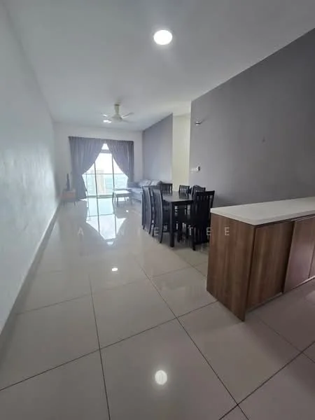 Dining features: white painted walls, grey accent wall, glossy ceramic tile flooring, 5-blade ceiling fan with light, dining table for 6 with black chairs, floor-to-ceiling windows, curtains, open layout, natural light from window, kitchen island with countertop; style: modern.