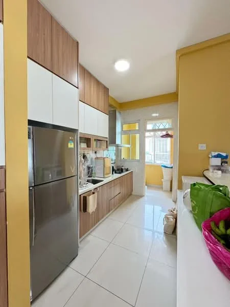 Kitchen features: stainless-steel fridge, wood cabinetry, white upper cabinets, marble countertop, single-bowl stainless-steel sink, chrome pull-down faucet, ceramic tile flooring, recessed downlights, window with natural light, yellow painted walls, open shelving, kitchen appliances visible; style: modern.