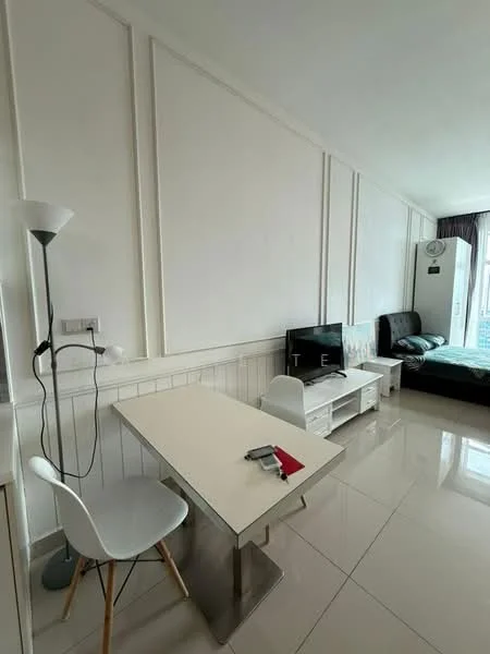 Living features: white painted walls with paneling, glossy tile flooring, floor-to-ceiling windows, black leather bed, white TV console, wall-mounted TV, small dining table with metal legs, white chair, desk lamp, clock on wall; style: modern; view: city.