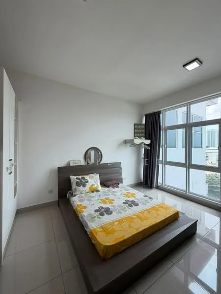 Bedroom features: queen-size bed, upholstered headboard, bedding with floral pattern, floor-to-ceiling windows, grey curtains, white painted walls, tile flooring, round mirror, built-in wardrobe, decorative shelf; style: modern.