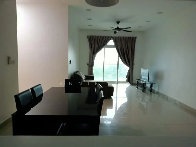 Living features: white painted walls, marble tile flooring, 5-blade ceiling fan with light, floor-to-ceiling windows, sheer curtains, sofa, dining table with chairs, TV console, wall-mounted TV; style: modern; view: city.